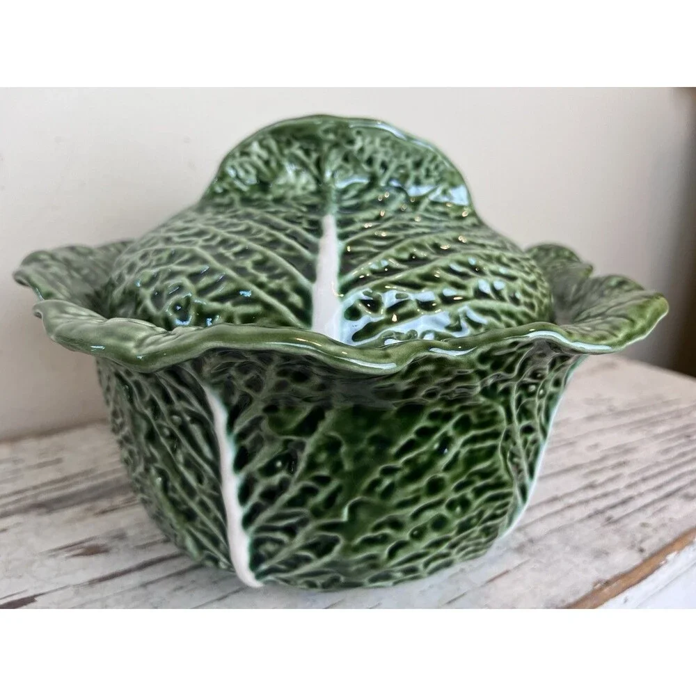 Vintage Majolica Portugal Cabbage Green Lidded Tureen 10.5” x 8” READ